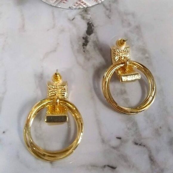 Classy Light Cream Acrylic Bar Earrings with Layered Golden Hoops - Picture 2 of 4